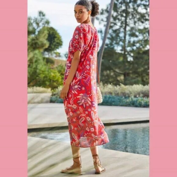Anthropologie SUNDRY Red Floral Puff Sleeve Boho Dress Cotton Purple Red Sz S/M - Picture 3 of 15